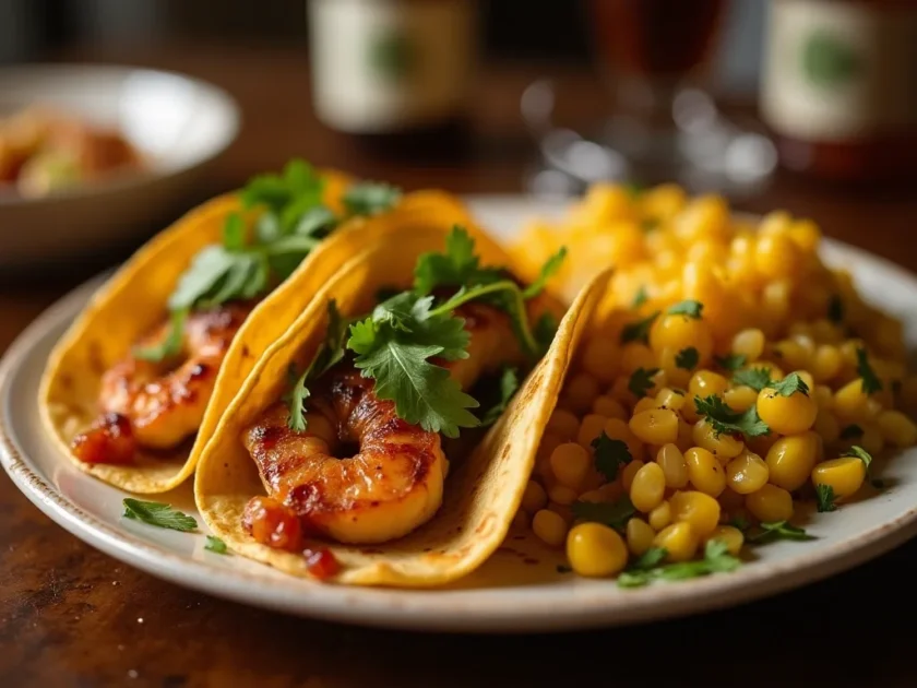 Complete shrimp taco meal with flavorful side dishes