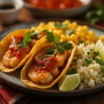 Assembled blackened shrimp tacos with fresh toppings