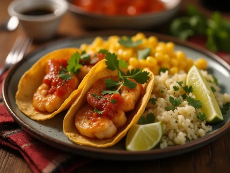 Assembled blackened shrimp tacos with fresh toppings