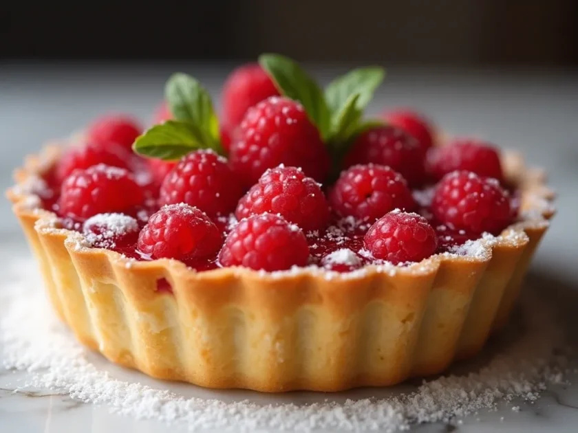 Close-up of raspberry curd tart topped with berries and mint, styled for dessert photography