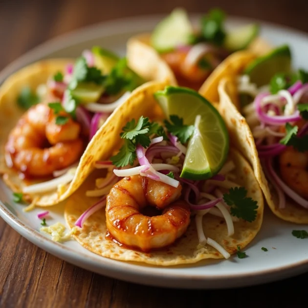 served shrimp tacos with sauces and lime on tray