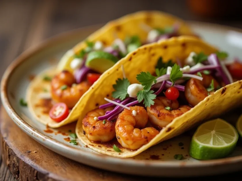 A vibrant dinner plate featuring blackened shrimp tacos