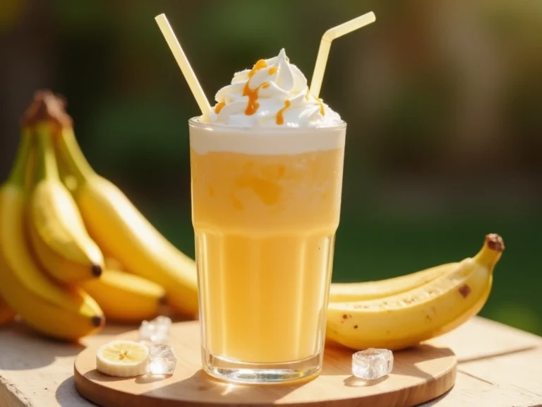 Banana pudding milkshake with ice cream close-up in tall glass