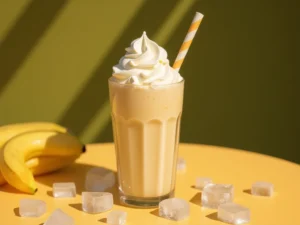 Glass of boozy banana pudding milkshake with whipped cream and a straw