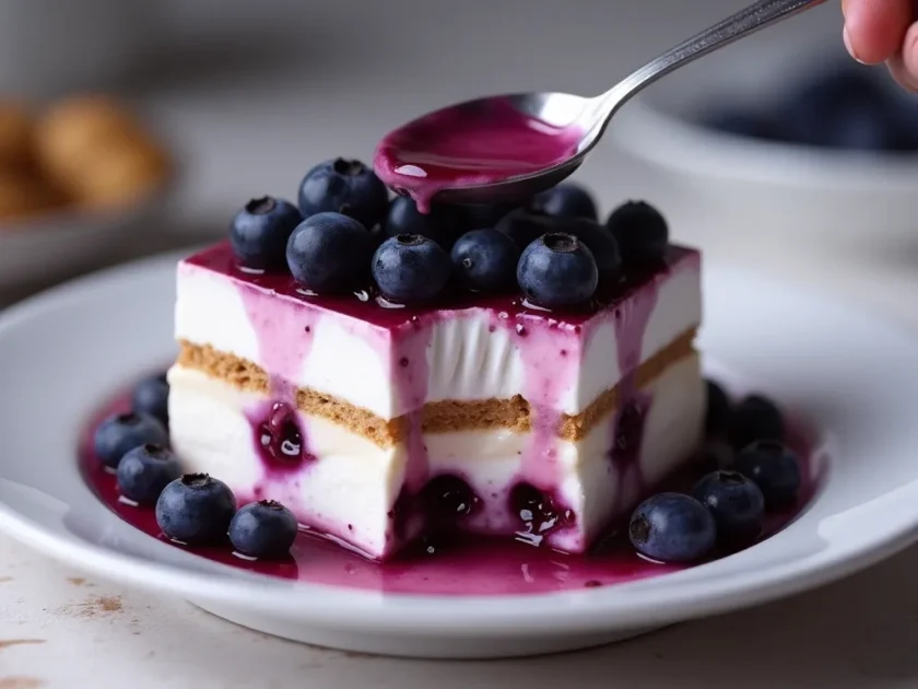 greek yogurt blueberry tiramisu with spoon