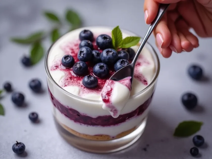 A cup of blueberry tiramisu garnished with mint