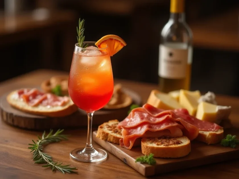 Hugo Spritz cocktail with appetizers