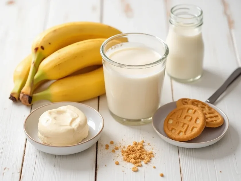 Ingredients for banana pudding milkshake on a rustic table