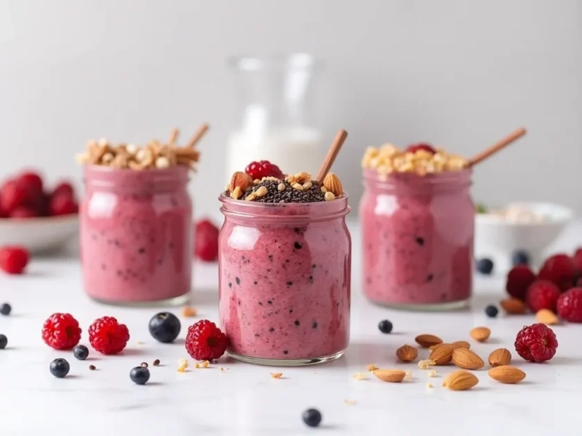 Meal-prepped Red Berry Barley Breakfast Porridge jars