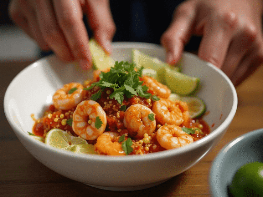 drizzling cilantro lime sauce on a fresh shrimp bowl