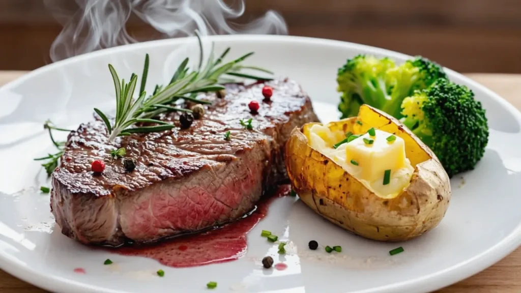 A juicy steak, crispy potatoes, and roasted broccoli