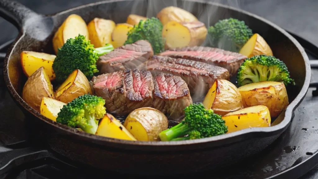 steak, potato & broccoli recipe cooked on a rustic baking sheet