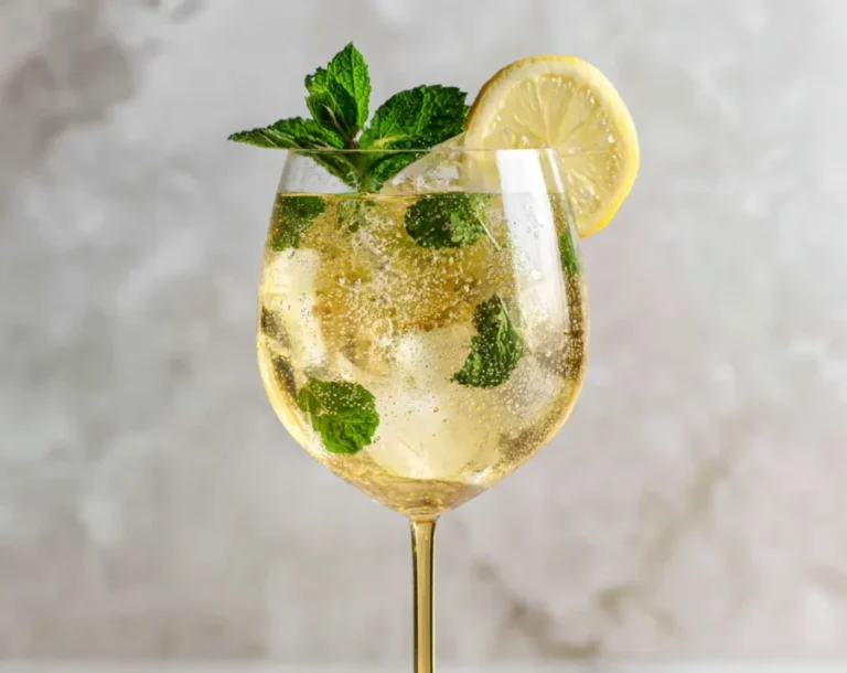 Hugo Spritz Cocktail in a glass with mint and lemon garnish
