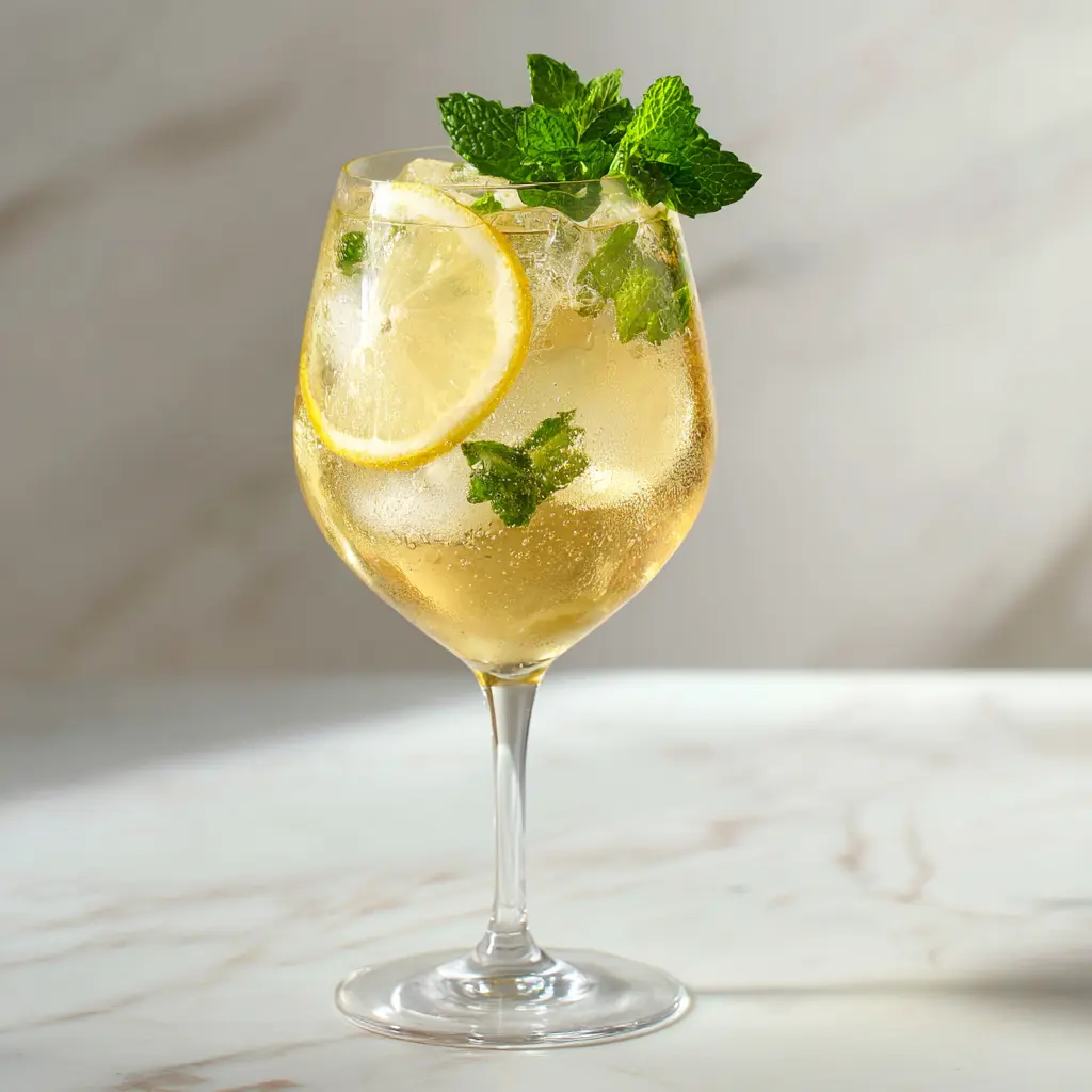 Hugo Spritz cocktail with mint, lemon, and sparkling bubbles.
