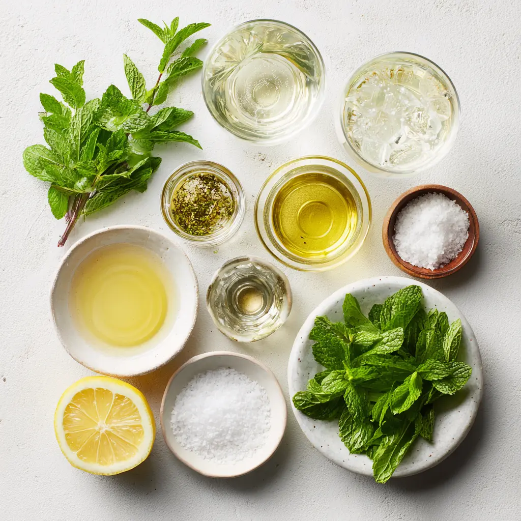 Elderflower syrup, fresh mint, lemon, ice, and soda water for Hugo Spritz.
