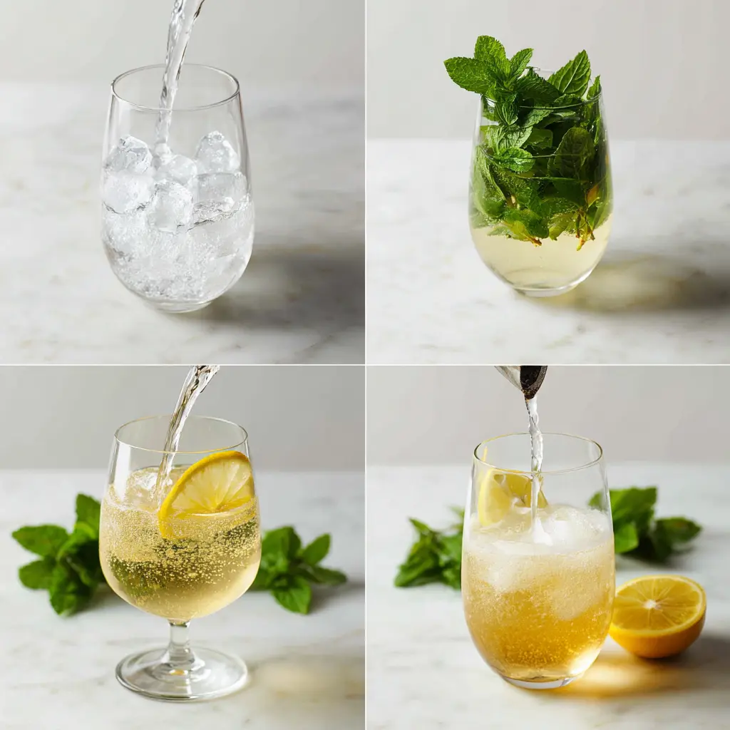 Step-by-step images showing mint muddling, adding ice and juice, topping with soda, and finished Hugo Spritz cocktail.
