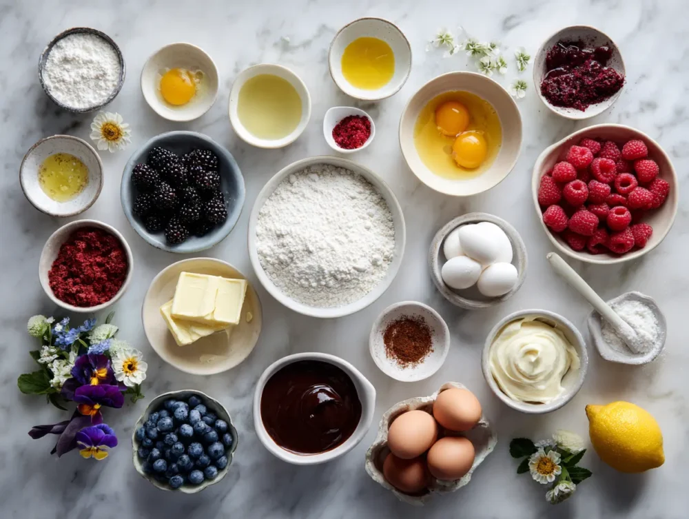 Ingredients for raspberry curd tart arranged on a countertop
