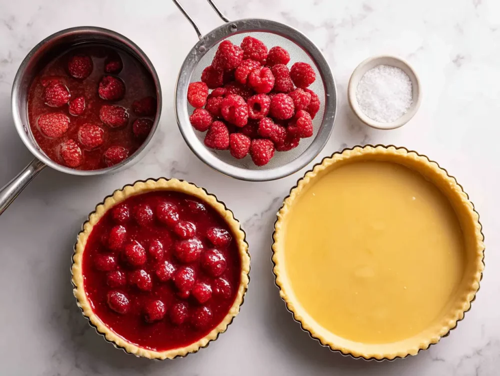 Four-step process of making a raspberry curd tart from cooking curd to finished tart