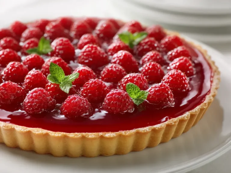 Raspberry Curd Tart with fresh raspberries on marble