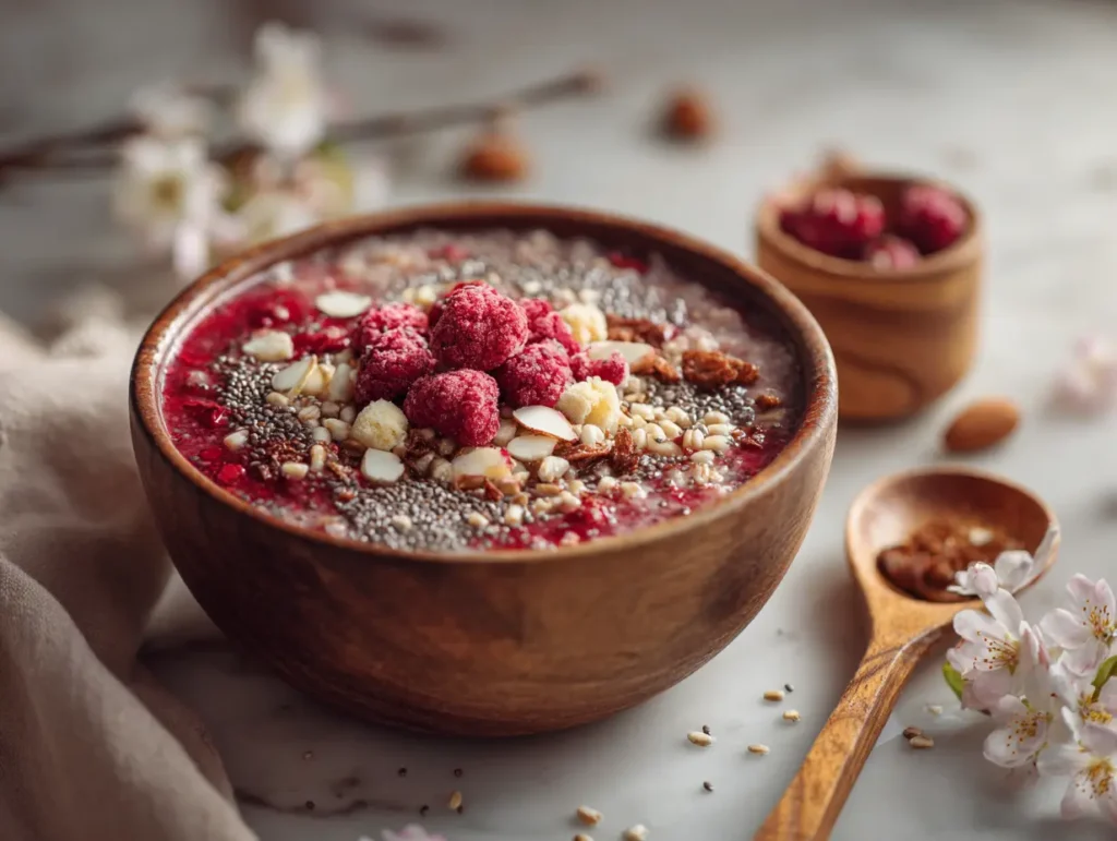 Red Berry Barley Breakfast Porridge in a wooden bowl