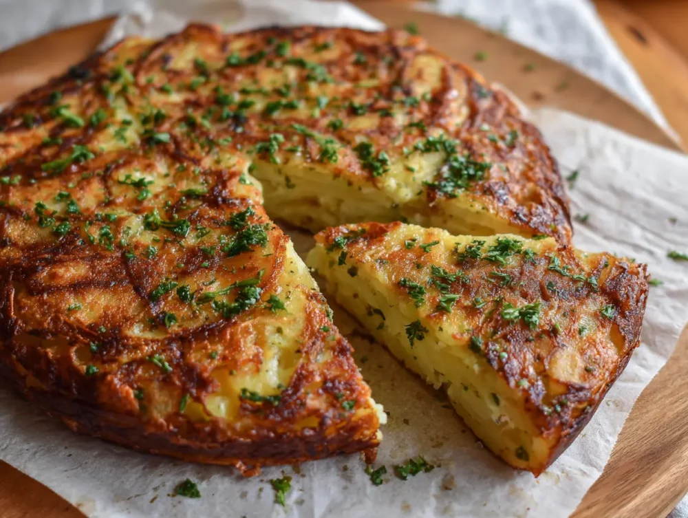 Sliced potato cake baked with golden cheese layers
