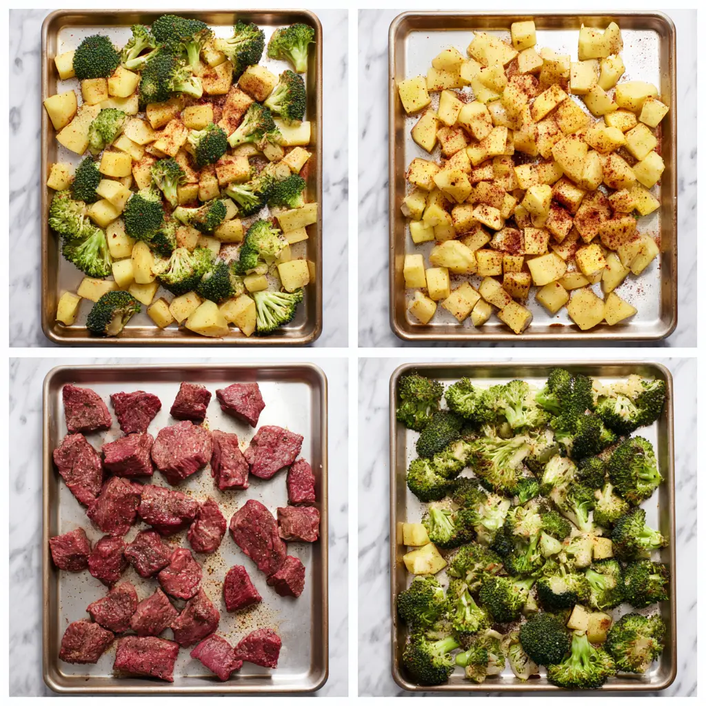 steps of preparing Steak, Potato & Broccoli one-pan dinner