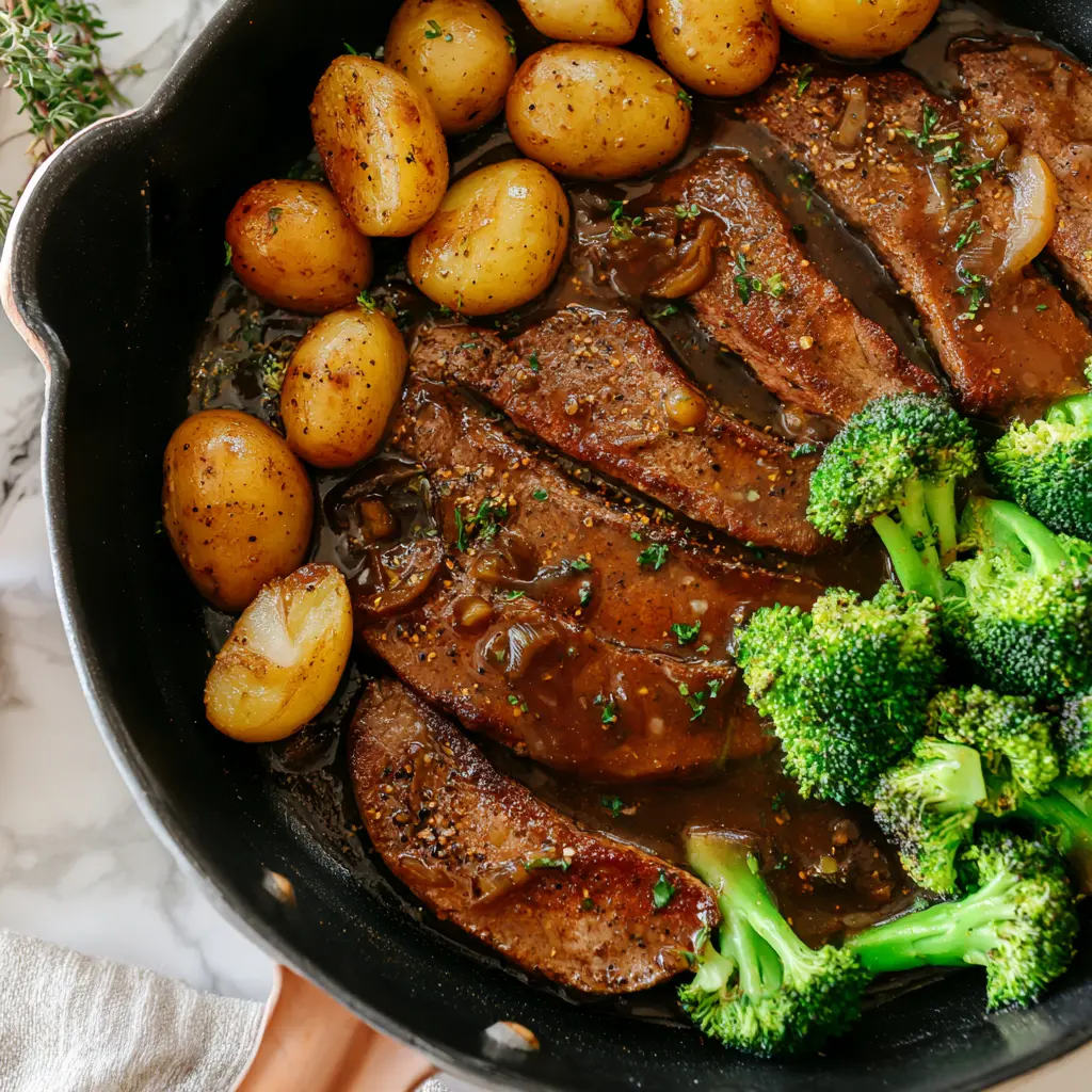 steps of preparing Steak, Potato & Broccoli one-pan dinner