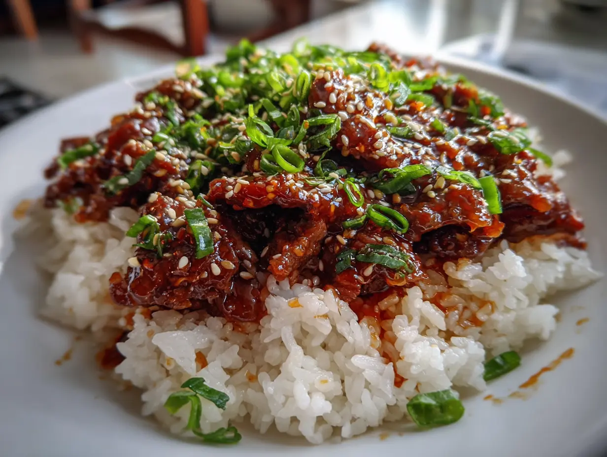 crispy beef rice bowl with greens