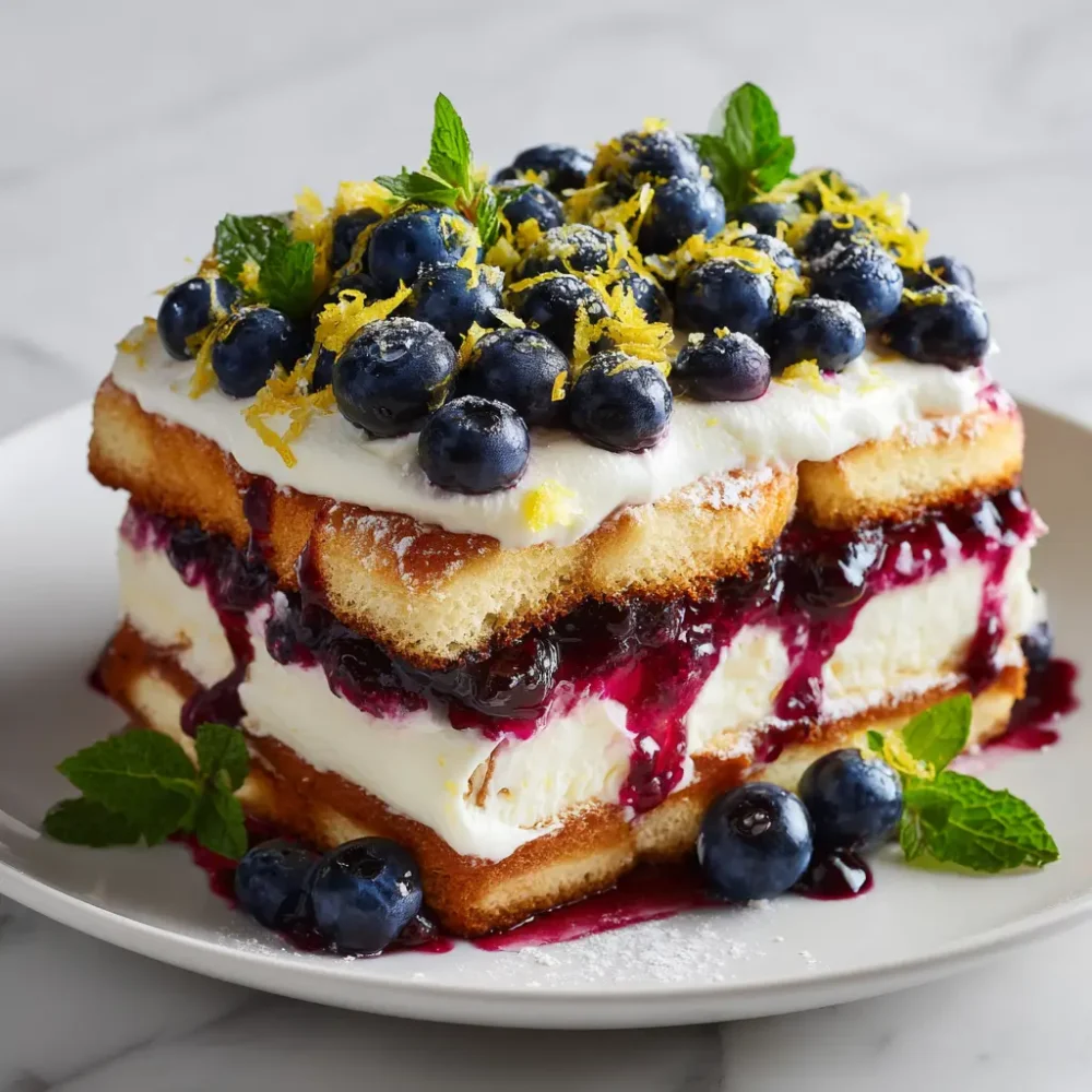 blueberry tiramisu on plate with mint