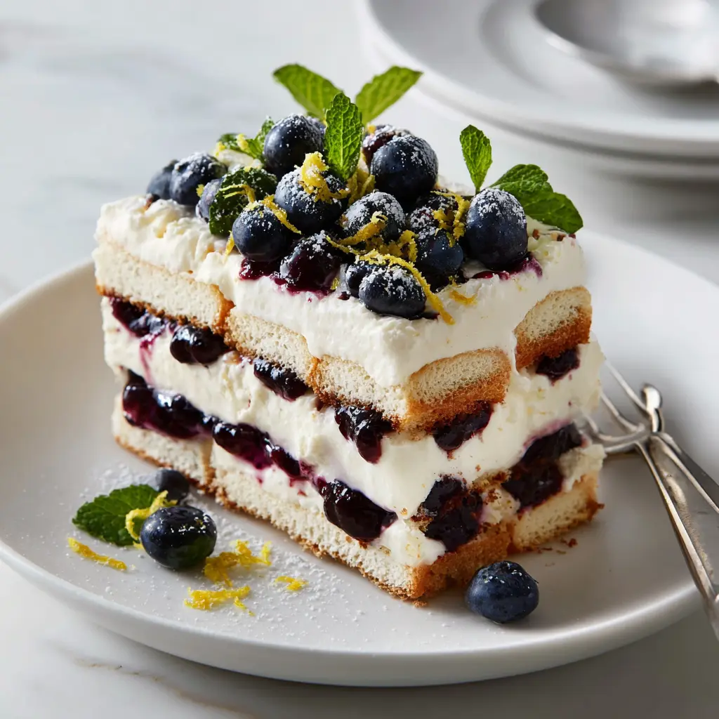 blueberry tiramisu on plate with mint