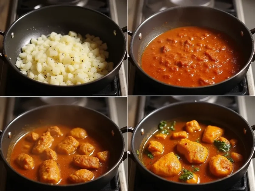 Cooking process of Chicken Bhuna with spices and masala