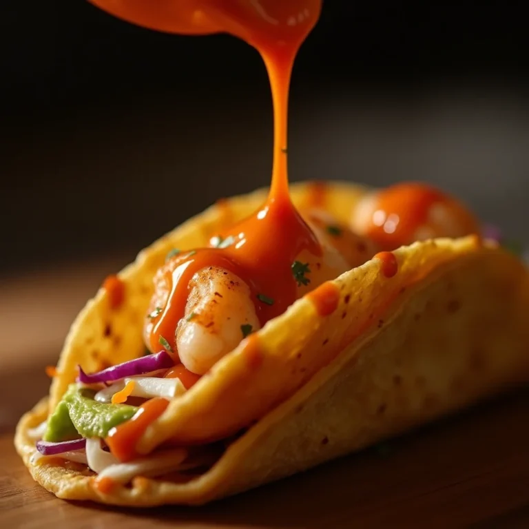A close-up moment of creamy sriracha sauce being poured over a shrimp taco, highlighting texture and flavor.