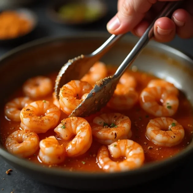 spicy shrimp cooking in skillet