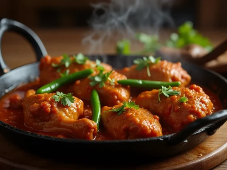 Chicken Bhuna served in skillet with thick spicy masala