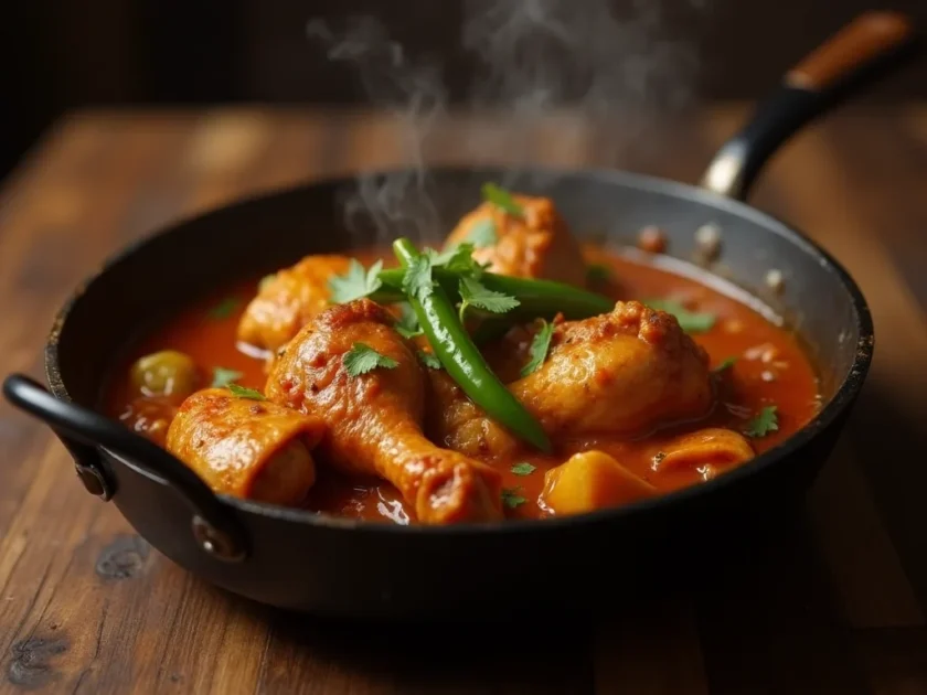 A rich, style Indian Chicken Bhuna with spicy masala served hot in a black iron pan