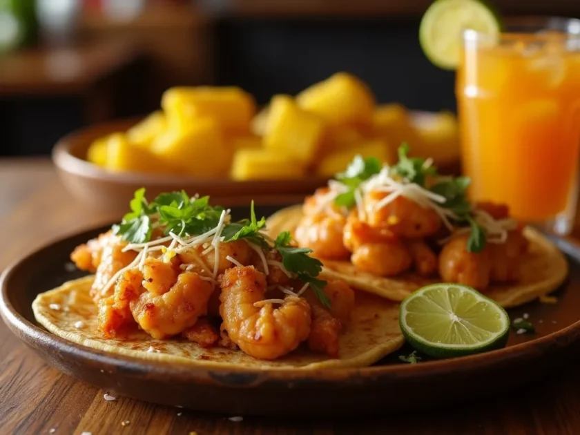 Overhead view of a taco night spread featuring a platter of blackened shrimp, a stack of warm tortillas