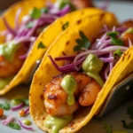 blackened shrimp tacos with cilantro lime sauce close-up