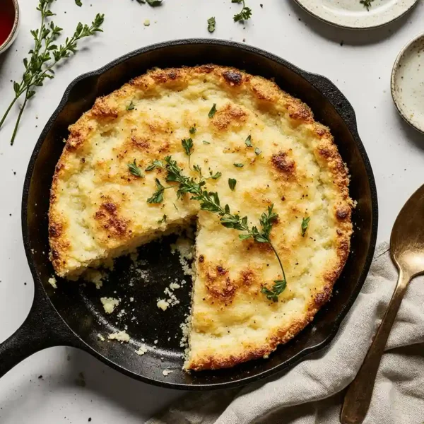 Golden-brown crispy potato cake sliced and served .