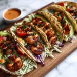 creamy sriracha sauce being poured over a blackened shrimp taco with creamy sriracha sauce blackened shrimp taco with creamy sriracha sauce