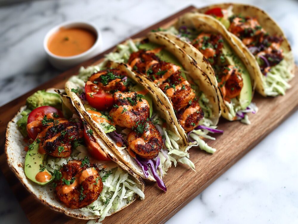 creamy sriracha sauce being poured over a blackened shrimp taco with creamy sriracha sauce blackened shrimp taco with creamy sriracha sauce