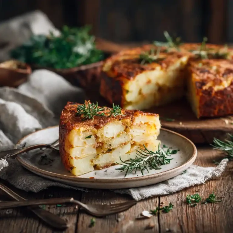 Sliced potato cake baked with golden cheese layers