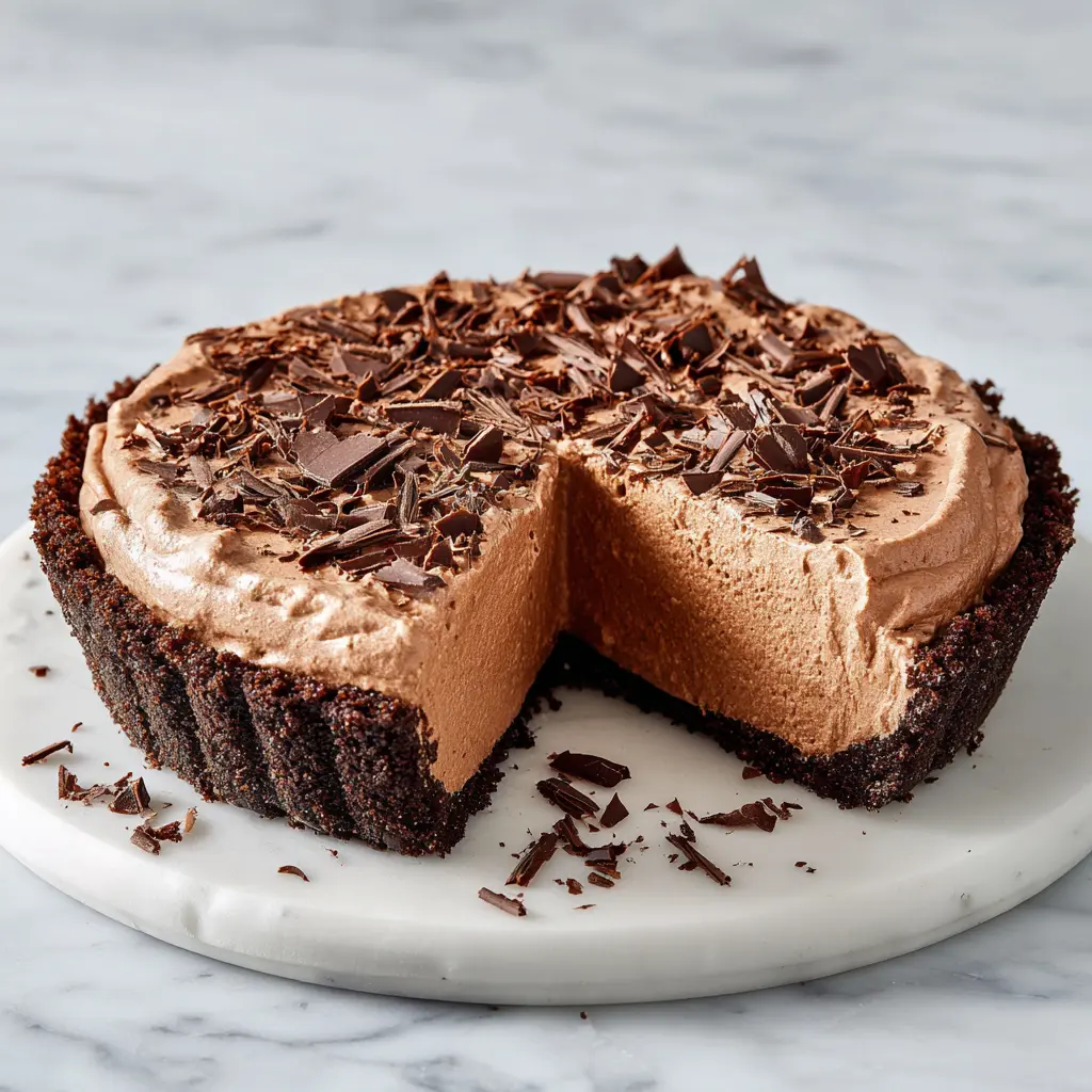 Sliced Hershey Bar icebox pie with creamy chocolate filling in a cookie crust.