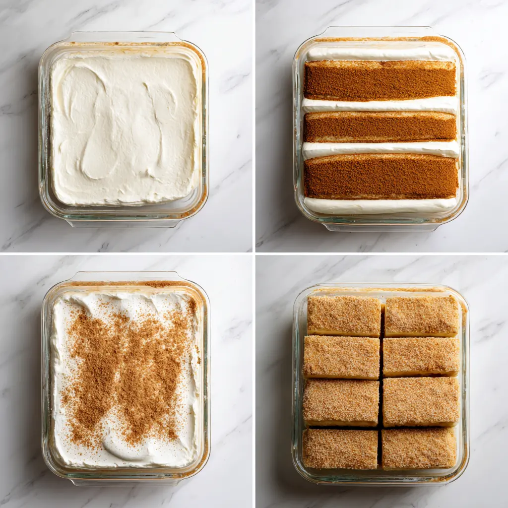 Step-by-step preparation of churro cheesecake bars showing dough base, cream cheese filling, cinnamon sugar topping, and baked sliced bars.