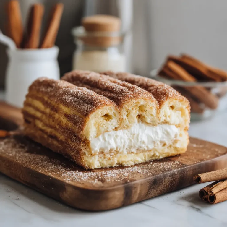 Churro cheesecake bars layered with crescent dough, creamy filling, and cinnamon sugar.