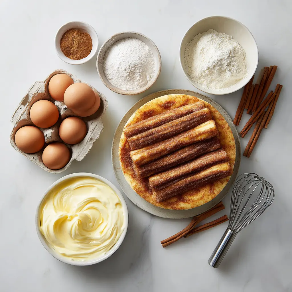 Ingredients for churro cheesecake bars including crescent dough, cream cheese, eggs, sugar, cinnamon, and vanilla.