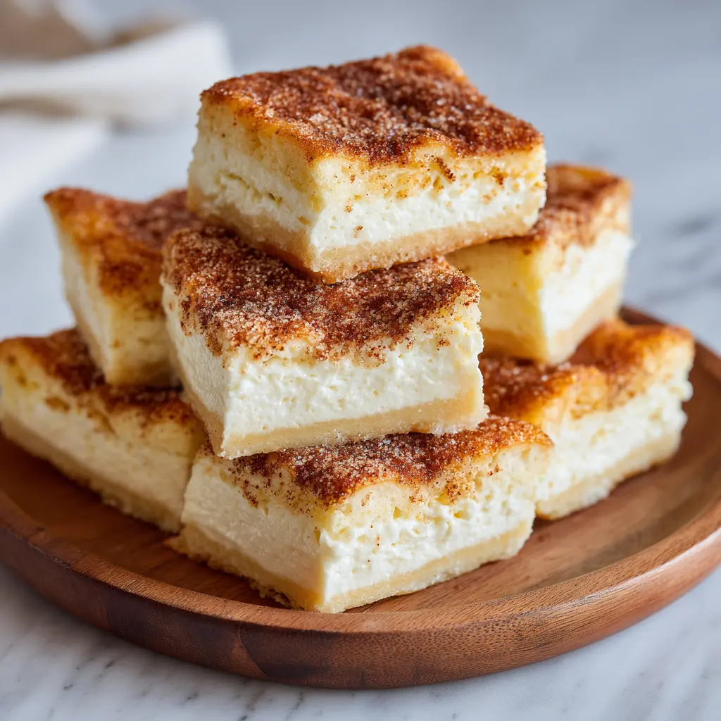 Sliced churro cheesecake bars with flaky crescent layers, creamy cheesecake center, and cinnamon sugar topping.