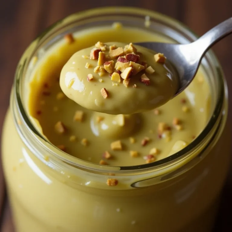Homemade pistachio butter in a jar with a spoon dipped in creamy spread