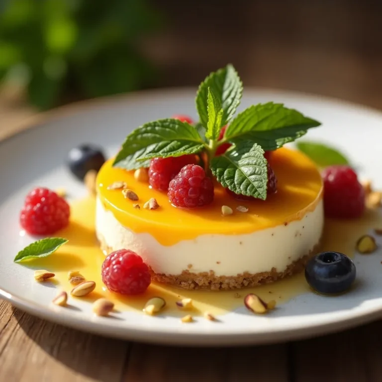 Baked mango cottage cheese cheesecake with tropical glaze