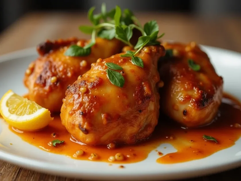 romesco sauce being drizzled over perfectly crispy chicken thighs.