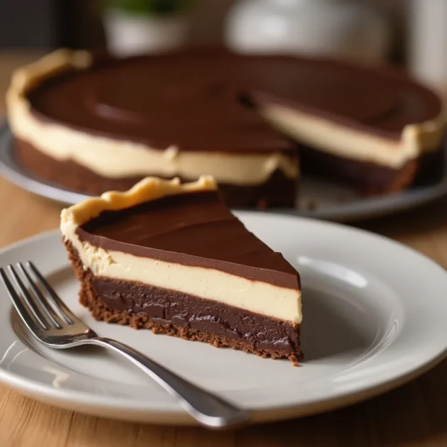 Close-up image of the creamy 3-ingredient Hershey Bar Icebox Pie, styled for a food blog.